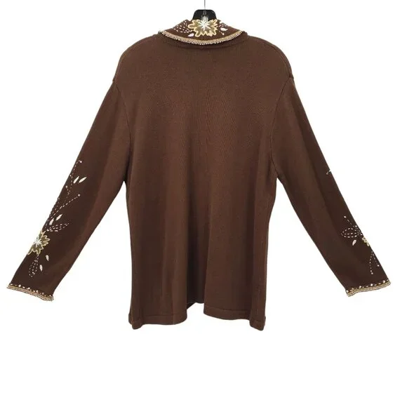 Sweater Sweater Embroidered Beaded Cowl Neck Cardigan Womens Size XL Brown NEW